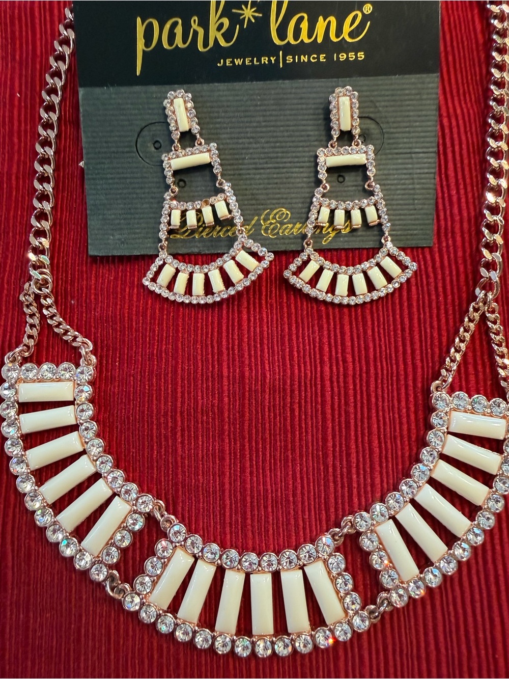Park Lane Rose Gold Cream Rhinestone Necklace & Earrings Set